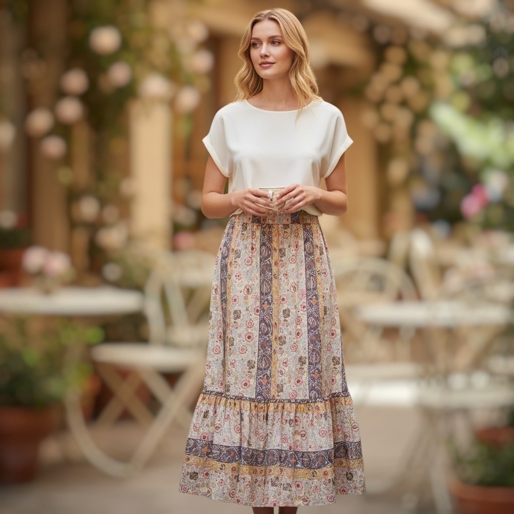 Aureum Patchwork Women's Prairie Maxi Skirt Boho Cottagecore Elastic Waist S